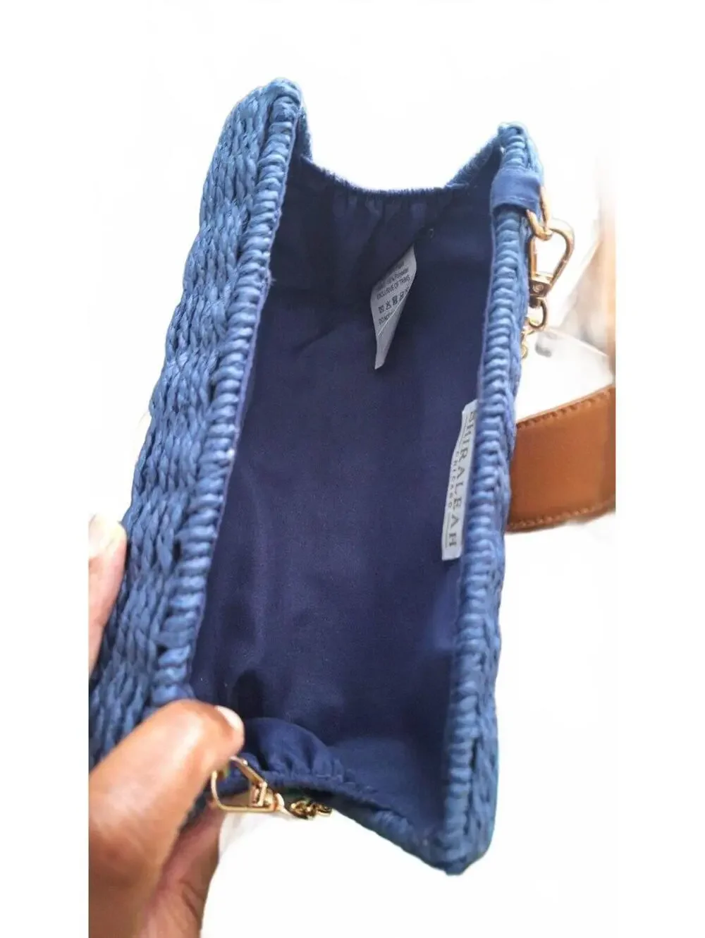NWOT Shiraleah Blue Wicker Clutch Crossbody Blue Leather Gold Chain